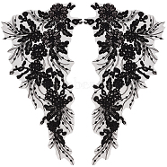 2 Pairs Flower Pattern Polyester Embroidered Lace Appliques, Sewing Ornaments, DIY Costume Accessories, Black, 450x245x1mm(DIY-GF0009-36)