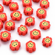 Handmade Polymer Clay Beads, Flower with Smiling Face, Red, 9~10x8~9x4~5mm, Hole: 1.4~1.6mm(X-CLAY-N011-011G)