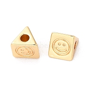 Brass Beads, Triangle with Smiling Face Pattern, Real 18K Gold Plated, 4x4.5x4mm, Hole: 1.2mm(KK-G465-28G)