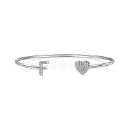 Heart & Letter Rhodium Plated 925 Sterling Silver Micro Pave Cubic Zirconia Cuff Bangles for Women, Letter F, 0.2~0.8cm, Inner Diameter: 1-7/8x2-1/4 inch(4.85x5.65cm) (BJEW-C062-01F-P)