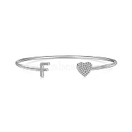 Anti-Tarnish Heart & Letter Rhodium Plated 925 Sterling Silver Micro Pave Cubic Zirconia Cuff Bangles for Women, Letter F, 0.2~0.8cm, Inner Diameter: 1-7/8x2-1/4 inch(4.85x5.65cm)(BJEW-C062-01F-P)