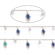 3.28 Feet Handmade Brass Curb Chains, Soldered, with Enamelled Hamsa Hand & Clear Cubic Zirconia Charms, Long-Lasting Plated, Colorful, Platinum, 2x1.4x0.1mm(X-CHC-G008-10P)