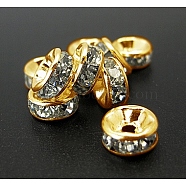 Iron Rhinestone Spacer Beads, Grade A, Straight Edge, Rondelle, Golden Color, Clear, Size: about 6mm in diameter, 3mm thick, hole: 1.5mm(X-RB-A010-6MM-G)