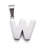 304 Stainless Steel Letter Pendants, Manual Polishing, Alphabet, Stainless Steel Color, Letter.W, 17x17x4mm, Hole: 6.5x3.5mm(STAS-H127-W-P)