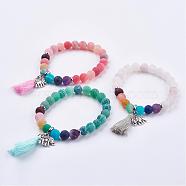 Frosted Mixed Gemstone Beaded Stretch Bracelets, with Alloy Findings & Cotton Thread Tassels, Mixed Color, 2 inch(51mm)(BJEW-JB03166)