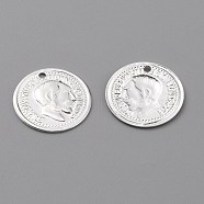 Brass Charms, Long-Lasting Plated, Coin Charms, Flat Round with Edward VII, 925 Sterling Silver Plated, 12.5x0.7mm, Hole: 1mm(KK-Z007-05S)