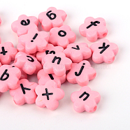 Opaque Acrylic Flower Horizontal Hole Letter Beads, Random Mixed Letters, Pink, 11x11x4mm, Hole: 2mm, about 1300pcs/500g(SACR-Q126-06E)