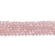 Transparent Electroplate Glass Beads Strands, AB Color Plated, Faceted, Bicone, Pink, 6x6mm, Hole: 1mm, about 45~47pcs/strand, 9.65~9.84 inch(24.5~25cm)(EGLA-A039-T6mm-L26)