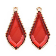 Faceted Glass Pendants, with Alloy Open Back Settings, Teardrop, Cadmium Free & Lead Free, Light Gold, Red, 45.5x22x5.5mm, Hole: 3mm(PALLOY-N167-10-02LG-RS)