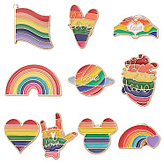 10Pcs 10 Style Rainbow Enamel Pin, Light Gold Alloy Brooch for Backpack Clothes, Heart/Planet/Hand, Mixed Shapes, 11~28x17.5~30.5x1.5mm, 1pc/style(JEWB-DR0001-02)