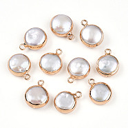 Electroplated Natural Keshi Pearl Flat Round Pendants, Cultured Freshwater Pearl Baroque Pearl Charms, Golden, Seashell Color, 15~16x11~12.5x4.5~6mm, Hole: 1.6~1.8mm(PEAR-S018-02C-01A)