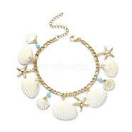 Natural Shell & 304 Stainless Steel Starfish & Alloy Enamel Charm Bracelet, with Figaro Chains, Real 18K Gold Plated, 7 inch(17.8cm)(BJEW-TA00356)