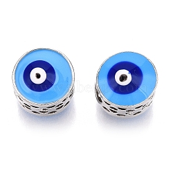 Brass Enamel European Beads, Large Hole Beads, Column with Evil Eye, Light Sky Blue, 10x9~10.5mm, Hole: 5mm(KK-R053-10)