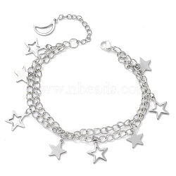 Star & Moon 304 Stainless Steel Charm Bracelets, Iron Multi-strand Twisted Chain Bracelets for Women, Stainless Steel Color, 9-7/8 inch(25cm)(BJEW-JB10366)