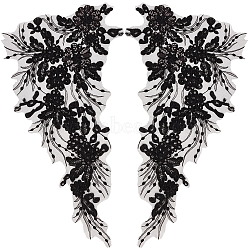 2 Pairs Flower Pattern Polyester Embroidered Lace Appliques, Sewing Ornaments, DIY Costume Accessories, Black, 450x245x1mm(DIY-GF0009-36)