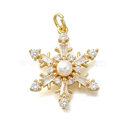 Brass Micro Pave Cubic Zirconia with ABS imitation pearl Pendants, Snowflake Charms, Lead Free & Cadmium Free, Real 18K Gold Plated, Rack Plating, with Jump Ring, Real 18K Gold Plated, 21x16x5mm, Hole: 3mm(KK-D295-25G)