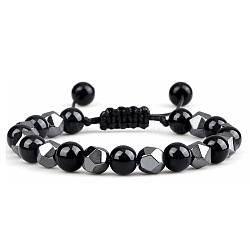 Natural Obsidian Round Beaded Braided Bead Bracelets for Women Men, with Non-magnetic Hematite Beads(XZ2311-2)