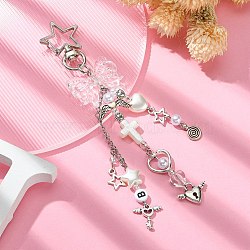 ABS Plastic Imitation Pearl & Alloy Pendant Keychains, with Swivel Lobster Claw Clasp, for Car Key Bag Decoration, Star/Bowknot/Heart, Antique Silver & Platinum, 13.7cm(KEYC-FZ00007)