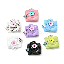 Spray Painted Alloy Pendants, with Glass & Rhinestone, Lead Free & Cadmium Free, Square with Monster Charm, Mixed Color, 18x20.5x8mm, Hole: 1.5mm(PALLOY-K010-24)