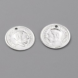 Brass Charms, Long-Lasting Plated, Coin Charms, Flat Round with Edward VII, 925 Sterling Silver Plated, 12.5x0.7mm, Hole: 1mm(KK-Z007-05S)