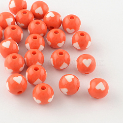Heart Pattern Opaque Acrylic Beads, Round, Coral, 11~12x11mm, Hole: 3mm, about 550pcs/500g(SACR-R884-12mm-12)