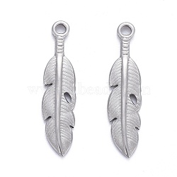 304 Stainless Steel Pendants, Leaf, Stainless Steel Color, 27x6.5x2mm, Hole: 1.8mm(STAS-K213-04A-P)