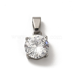 304 Stainless Steel with Clear Cubic Zirconia Charms, Flat Round, Stainless Steel Color, 13x10x6mm, Hole: 3.5x6mm(STAS-G348-06P)