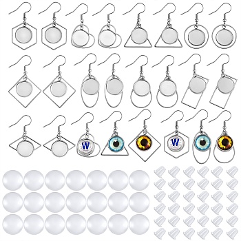 Dangle Earrings DIY Making Kit, Including 304 Stainless Steel Earring Hooks with Flat Round Tray, Transparent Glass Cabochons, Plastic Ear Nuts, Stainless Steel Color, Earring Hooks: 35~45mm, Pin: 0.6mm, 18Pcs/set