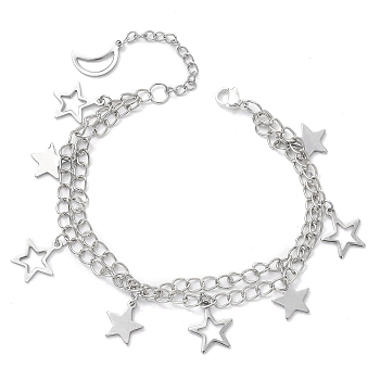 Star & Moon 304 Stainless Steel Charm Bracelets, Iron Multi-strand Twisted Chain Bracelets for Women, Stainless Steel Color, 9-7/8 inch(25cm)