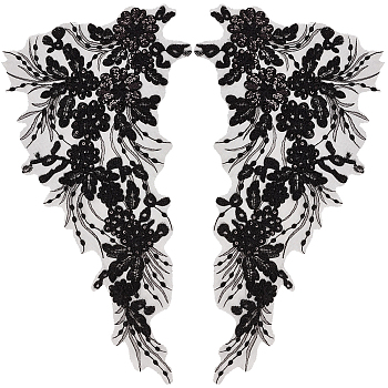 2 Pairs Flower Pattern Polyester Embroidered Lace Appliques, Sewing Ornaments, DIY Costume Accessories, Black, 450x245x1mm