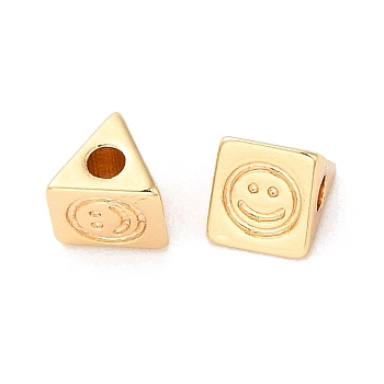 Brass Beads, Triangle with Smiling Face Pattern, Real 18K Gold Plated, 4x4.5x4mm, Hole: 1.2mm