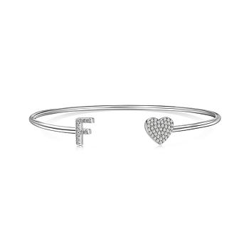 Anti-Tarnish Heart & Letter Rhodium Plated 925 Sterling Silver Micro Pave Cubic Zirconia Cuff Bangles for Women, Letter F, 0.2~0.8cm, Inner Diameter: 1-7/8x2-1/4 inch(4.85x5.65cm)