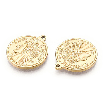 304 Stainless Steel Pendants, Manual Polishing, Flat Round with Human Charms, Real 14K Gold Plated, 24x21x2mm, Hole: 1.6mm