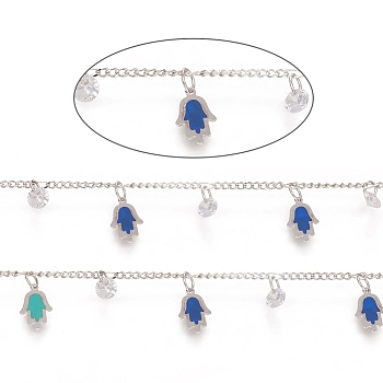 3.28 Feet Handmade Brass Curb Chains, Soldered, with Enamelled Hamsa Hand & Clear Cubic Zirconia Charms, Long-Lasting Plated, Colorful, Platinum, 2x1.4x0.1mm