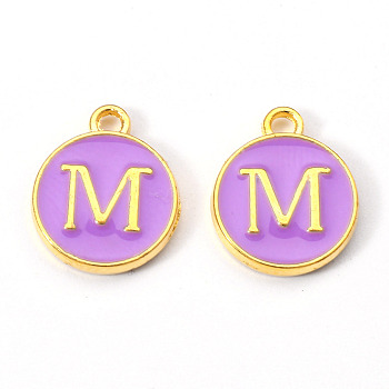 Golden Plated Alloy Enamel Charms, Enamelled Sequins, Flat Round with Letter, Medium Purple, Letter.M, 14x12x2mm, Hole: 1.5mm