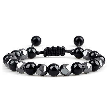 Natural Obsidian Round Beaded Braided Bead Bracelets for Women Men, with Non-magnetic Hematite Beads