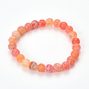 Natural Weathered Agate Beaded Stretch Bracelets, Frosted, Dyed, Round, Coral, 2-1/8 inch(55mm)