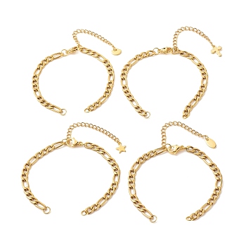 304 Stainless Steel Figaro Chain Bracelet Making, with Chain Extender, Mix-shaped, Golden, 6-1/4x1/8 inch(16x0.45cm)