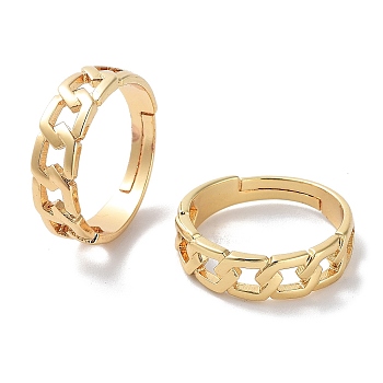 Brass Adjustable Rings for Women, Curb Chains Shape, Real 18K Gold Plated, US Size 7 1/2(17.7mm)