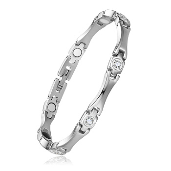 SHEGRACE Stainless Steel Panther Chain Watch Band Bracelets, with Rhinestone and Watch Band Clasps, Stainless Steel Color, Crystal, 7-1/2 inch(19cm)