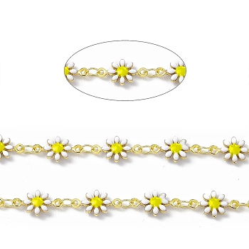 Handmade Eanmel Daisy Flower Link Chains, with Real 18K Gold Plated Brass Findings, Soldered, with Spool, White, Link: 7.5x13x2mm
