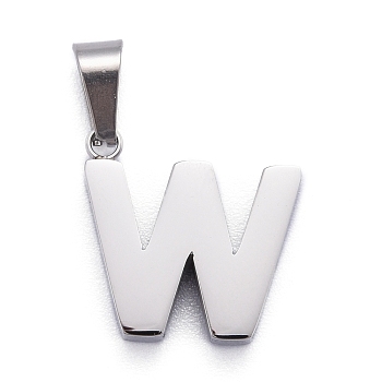 304 Stainless Steel Letter Pendants, Manual Polishing, Alphabet, Stainless Steel Color, Letter.W, 17x17x4mm, Hole: 6.5x3.5mm