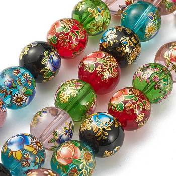 Flower Painted Handmade Lampwork Round Beads, Colorful, 14x13mm, Hole: 1mm