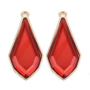 Faceted Glass Pendants, with Alloy Open Back Settings, Teardrop, Cadmium Free & Lead Free, Light Gold, Red, 45.5x22x5.5mm, Hole: 3mm