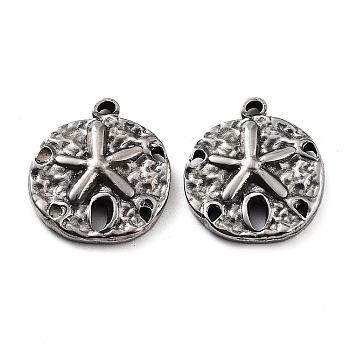 201 Stainless Steel Pendants, Flat Round with Starfish Charm, Antique Silver, 17x15x3mm, Hole: 1.4mm
