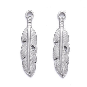 304 Stainless Steel Pendants, Leaf, Stainless Steel Color, 27x6.5x2mm, Hole: 1.8mm