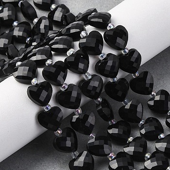 Natural Obsidian Beads Strands, Faceted Heart, with Seed Beads, 9x10x4mm, Hole: 1.2mm, about 16pcs/strand, 7.09''(18cm)