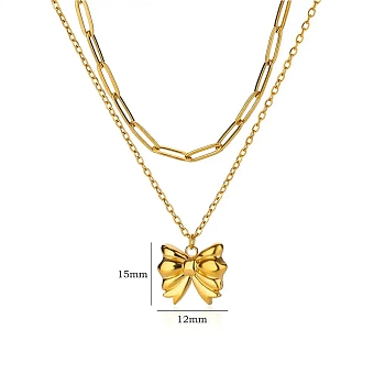 304 Stainless Steel Bowknot Pendant Necklaces, Double Layer Necklaces, Real 18K Gold Plated, 15.55 inch(39.5cm), Bowknot: 12.5x15mm