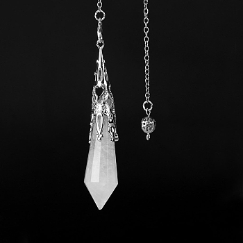 Natural Quartz Crystal Dowsing Pendulum Big Pendants, with Platinum Plated Metal Cone, Hexagonal Cone Charm, 260mm