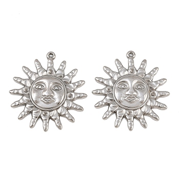 304 Stainless Steel Pendants, Sun with Face Charms, Stainless Steel Color, 38x35x4mm, Hole: 1mm